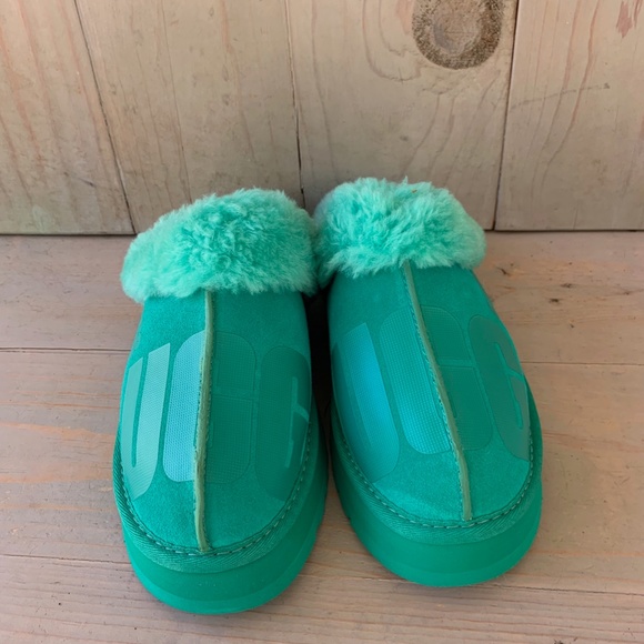 UGG DISQUETTE SCATTER GRAPHIC GREEN PLATFORM SLIPPERS WOMENS US 8 NEW - Picture 7 of 8